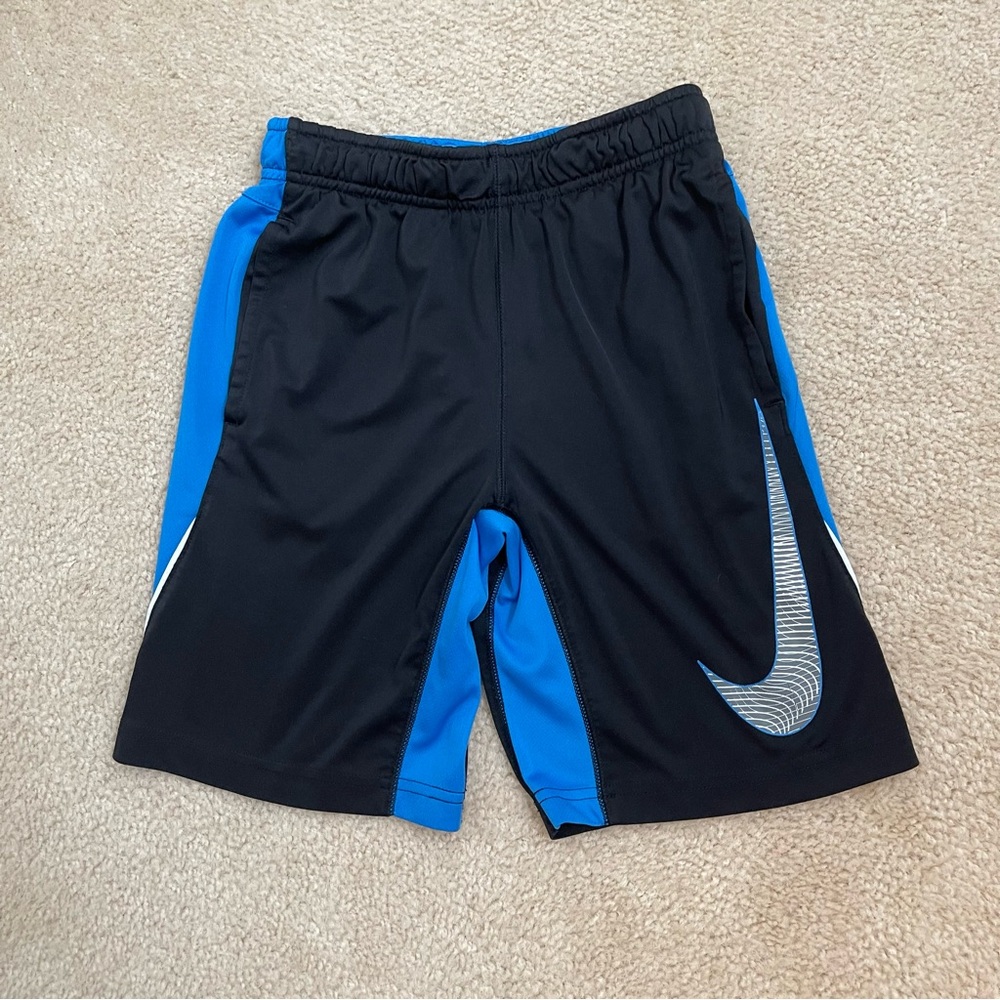 Nike Boy’s Black Blue Swoosh-SZ S- Adjustable Waist Dri Fit Basketball Shorts